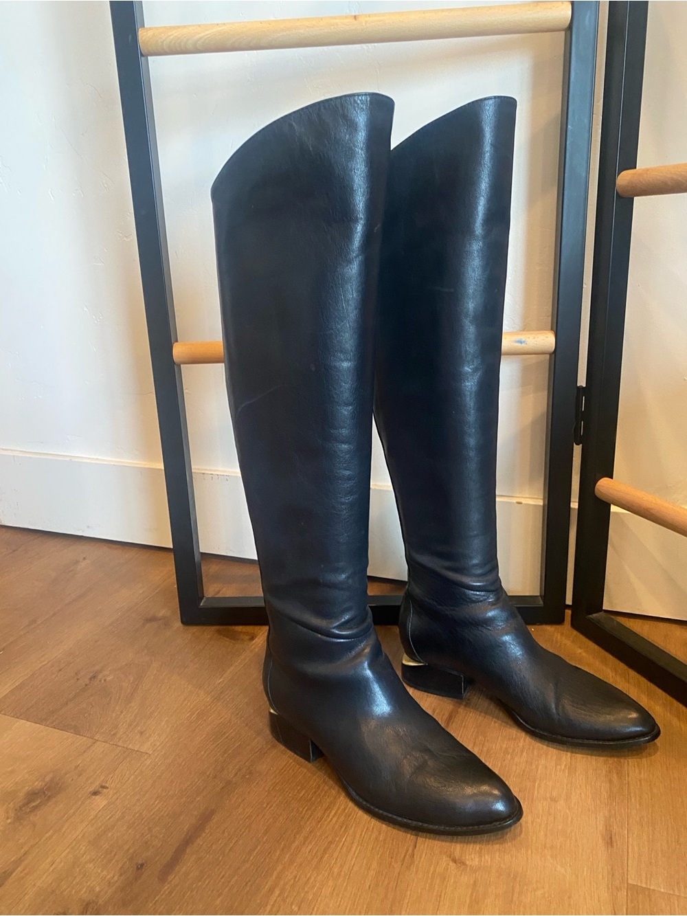 Alexander Wang- Black Leather Knee Boots with Gold Back Zippers